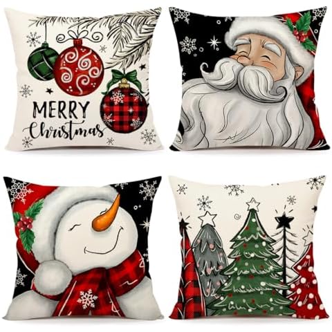 4TH Emotion Christmas Pillow Covers 18x18 Set of 4 Farmhouse Xmas Decorations Snowman Santa Claus Farm Trees Winter Holiday Decor Throw Cushion Case for Home Couch S24C12 Cover