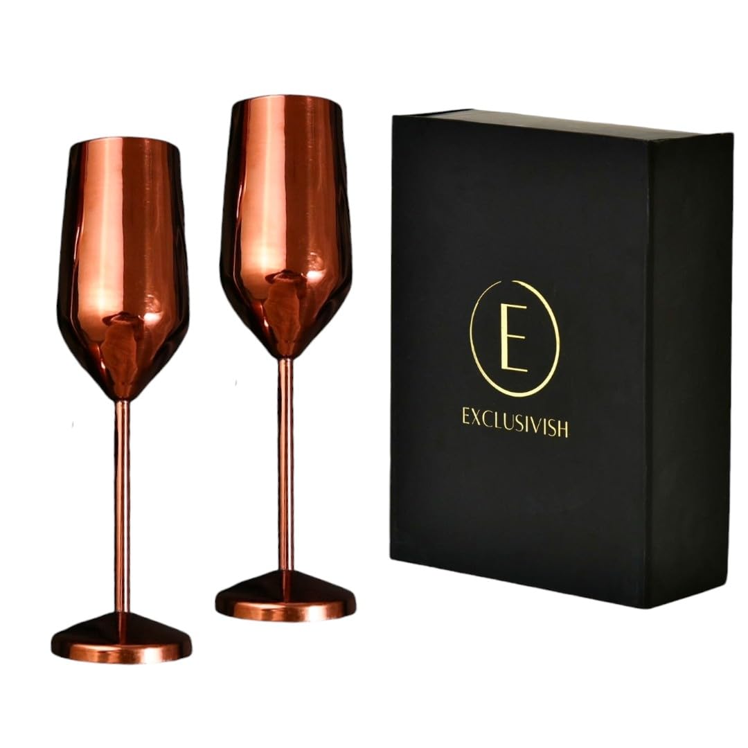 Exclusivish Champagne Glass Set of 2 with Gift Box - PVD Rose Gold Steel Wine Glasses | Home Decor & Decoration Items for Living Room | Gifts for Women & Men for Weddings, Anniversaries & Birthdays