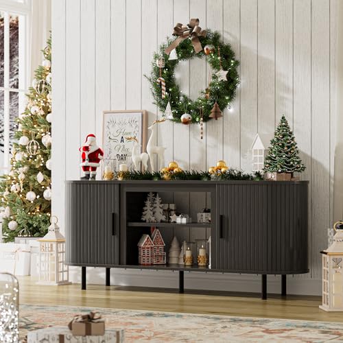 BREEZEHEAT 65" Fluted TV Stand for TVs Up to 75''+, Entertainment Center with Storage Cabinet, Curved Mid Century Modern Design, Media TV Console for