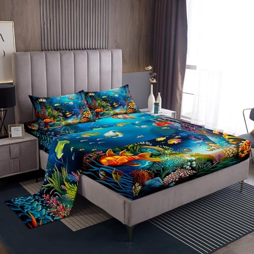 Kids Sheet Set Twin Cartoon Ocean Fish Bed Sheets Ocean Marine Theme Bedding Set for Boys Girls Soft and Cozy Sea Underwater World Sheets Set with Sealife Deep Pocket Fitted Sheet,Vibrant