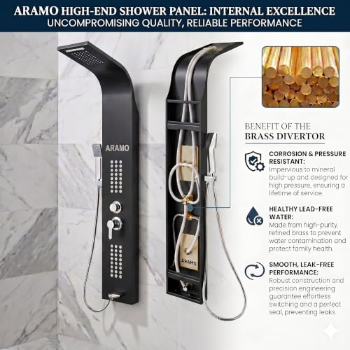 Image of ARAMO ?Brushed Shower Panel - Wave with Waterfall Shower, Massage Jet, 5 Water Functions (Black)