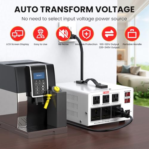 Image of 6000W Heavy Duty Voltage Converter Transformer - Step Up 110V to 220V & Step Down 220V to 110V, Auto Input Recognition, 3 US & 3 Universal Outlets, LCD Display, Circuit Breaker for Travel & Home