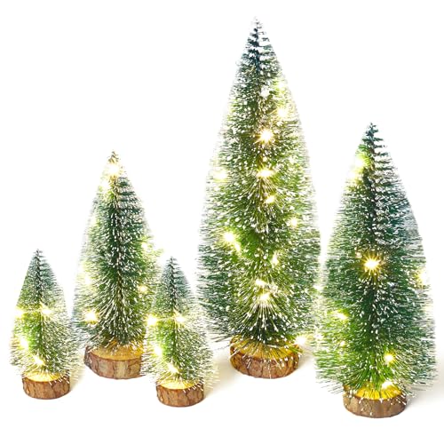 Mini Christmas Tree with Lights, Small Table Top Decorations, Desktop Miniature Pine Tree Xmas Holiday Decor Indoor Home, Bottle Brush Trees with Wooden Base, 5 Pcs with Light