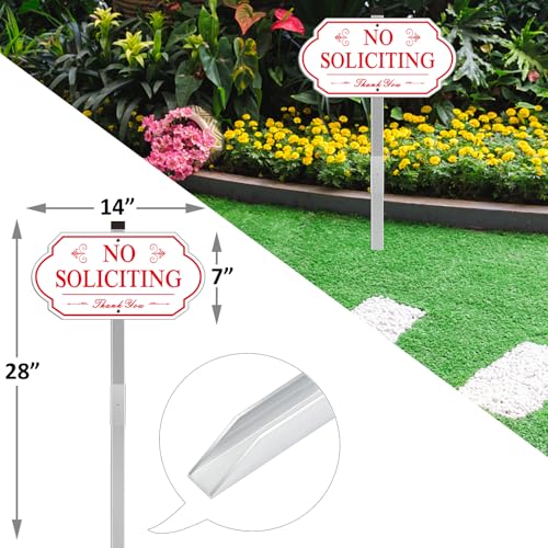 Image of Heavy Duty No Soliciting Sign for House - All Metal Construction No Soliciting Yard Sign - 14 inch x 7 inch - Aluminum - with 28 inch Long Stake (RED and WHITE)