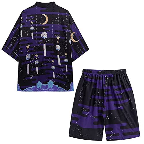 Image of PRIJOUHE Mens Kimono Set Japanese Haori & Shorts 2 Piece Summer Outfits | Silky Polyester 3 /4 Sleeve Yukata Cardigan Suit Loose Happi Coat Elastic Waist Beach Casual Daily Vacation Lounge Sleepwear