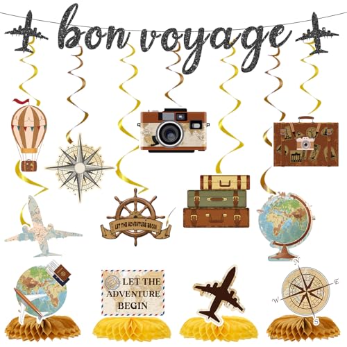Image of Bon Voyage Party Decorations - 13PCS Travel Themed Party Decorations Glitter Bon Voyage Banner Hanging Swirls Let the Adventure Begin Honeycomb Centerpieces Decor Going Away Party Supplies
