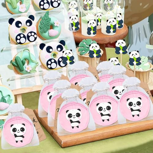 36 Pack Panda Change Purses Set Include 12 Wallets with Keyring,12 Thank You Tags and 12 Organza Bags for Panda Lover, Panda Themed Jungle Safari Animals Birthday Party,Pink4