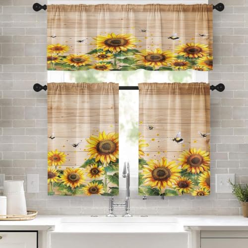 Emvency Kitchen Curtains Sets for Windows, 52x36 Inch, 3 Pack, Sunflowers