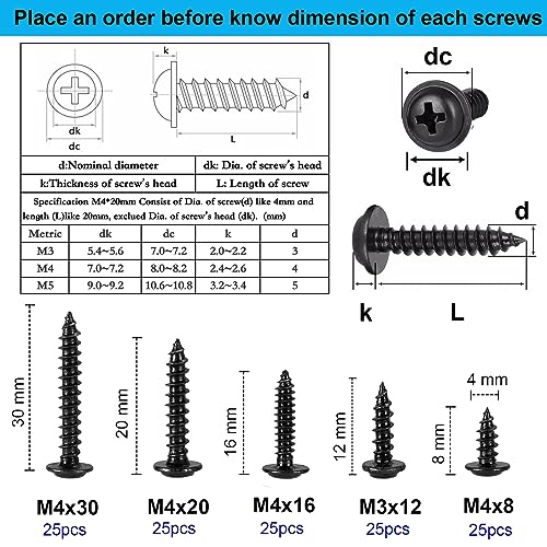 FandWay 125Pcs Self Tapping Screws Black,M4 Wood Screws Assortment,Pan Head With Washer Self Drilling Screw,Wafer Head Sheet Metal Screw Phillips Drive for DIY Woodwork Repairs - Image 3