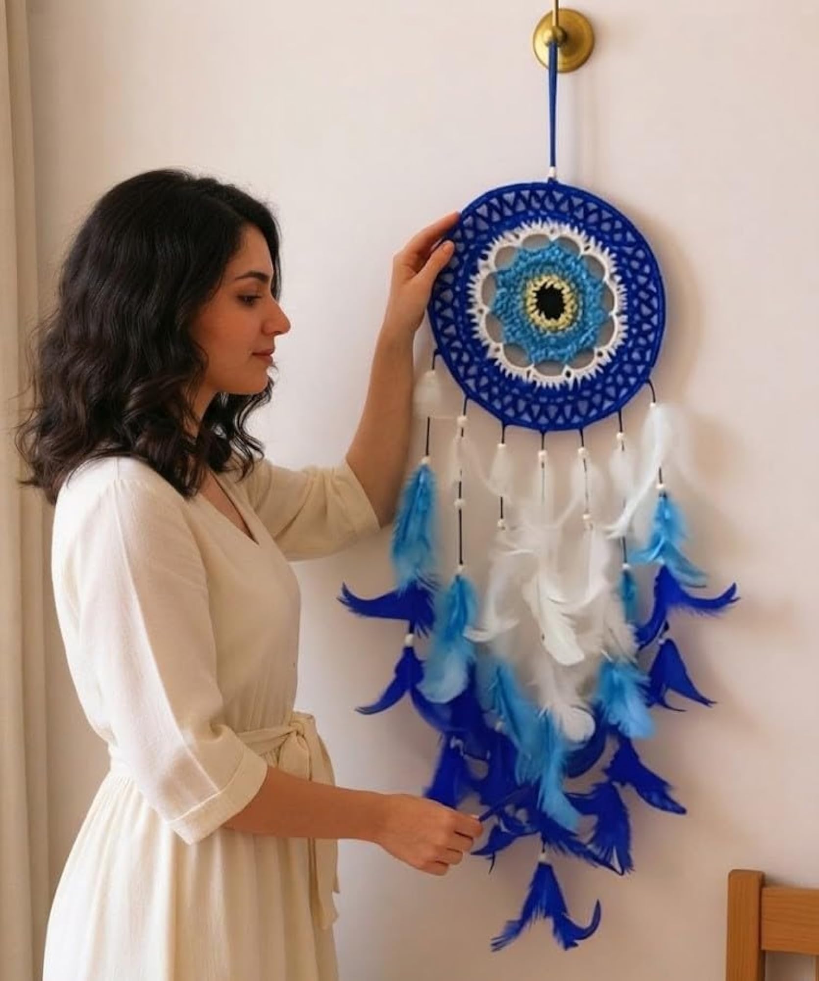 Handmade Blue Dream Catcher Wall Hanging with Feathers & Beads