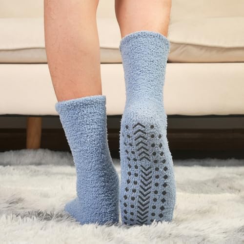 Toes Home Fuzzy Socks Men with Grips, Winter Fluffy Slipper Socks Hospital Cozy Warm Non-slip Thick 5 Pairs2