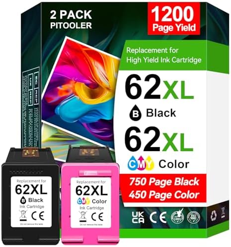 High Yield 62XL Ink Cartridges Black Tri-Colour Compatible for HP 62 Ink Cartridge Works with HP Envy 5540 5640 5660 7644 OfficeJet 5740 5741 8040 Printer, 750 Pages Black, 450 Pages Color