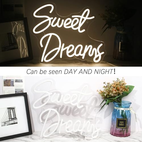 Image of ineonlife Sweet Dreams Neon Sign Warm White Letter LED Neon Lights for Bedroom Wall Decor Words USB Powered Light Up Sign for Room Decor Valentine Party Wall Hanging Decoration