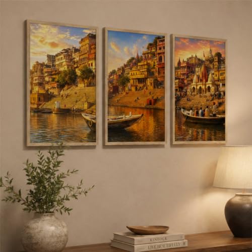 Image of Livin'luxe Set of 3 Banaras Ghat Wall Paintings for Living Room Bedroom Hallway Home Decor with Premium Wooden Color Synthetic Frame (13.5 x 19.5 Inch) NM03-62
