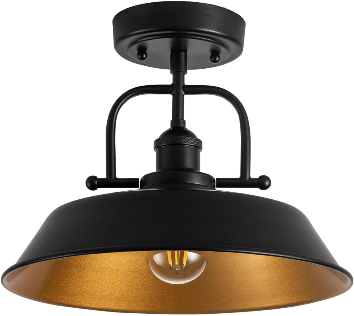 Semi Flush Mount Close to Ceiling Light, 12.6-Inch Farmhouse Industrial Fixture with Matte Black Shade and Gold Interior, E26 Base Vintage Ceiling Lamp for Kitchen, Hallway, Bedroom, Entryway