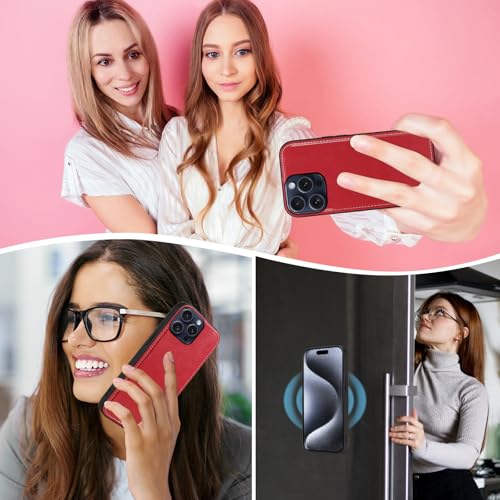 Asuwish Phone Case for iPhone 15 Pro 6.1 inch Zipper Wallet Detachable Cell Cover with Tempered Glass Screen Protector Wrist Strap Mandala Flower Credit Card Holder i Phone15 i15 15Pro Women Men Red by Asuwish - Used condition - Image 8