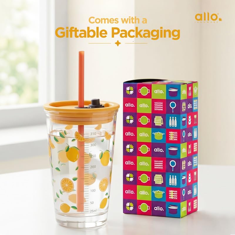 Image of Allo Reusable Glass Mug Sipper Tumbler with Straw, Unique 2 in 1 Anti Spill Lid | Microwave Safe Leakproof Glass with Anti-Slip Grip for Hot & Cold Coffee| Car, Office, Travel use | 450ml (Orange)