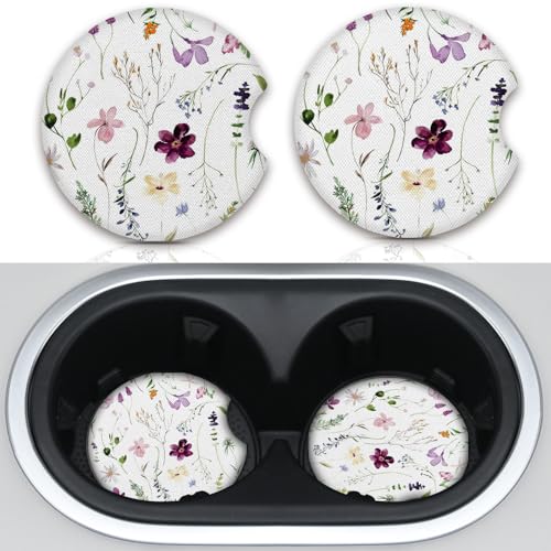 Wildflowers Universal Auto Anti Slip Insert Coasters, 2 Pack Rubber Car Coasters with A Finger Notch