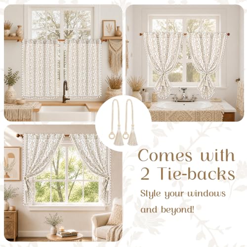 Image of Yinhua Boho Kitchen Curtains 36 Inch Length Vintage Linen Cafe Curtains Light Filtering Bohemian Floral Tier Rod Pocket Farmhouse Rustic Tassel Small Drapes with Tiebacks, 2 Panels, White Beige