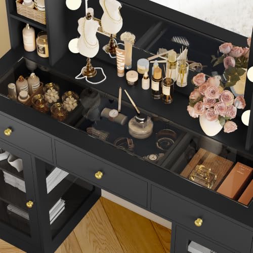Image of Wodeer Makeup Vanity Desk with Mirror and Lights, Black Vanity with Glass Top, LED Lights & Power Outlet, 3 Drawers & 2 RGB Glass Cabinets, Adjustable Lighted Dressing Table for Women & Girls Bedroom