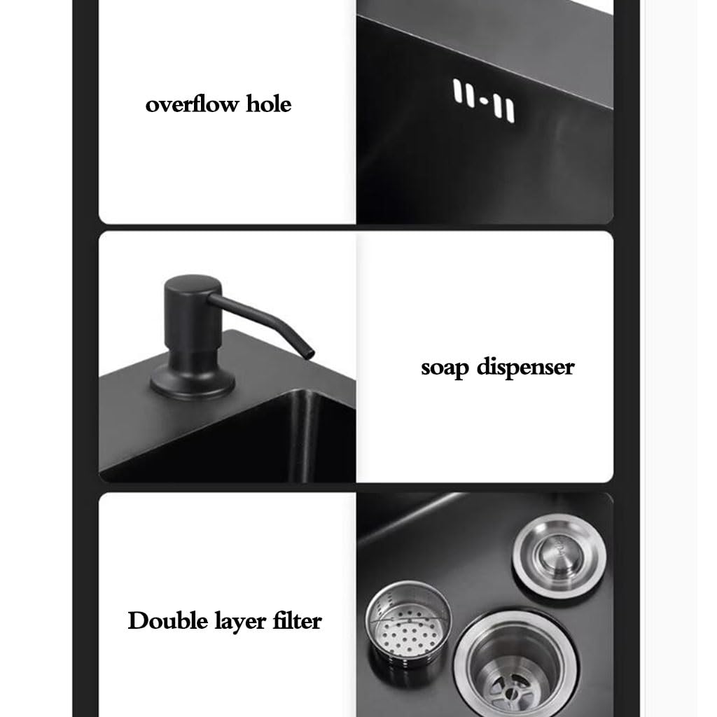 Lavello da cucina a vasca singola in acciaio inox, lavello da cucina sottopiano e sopra il bancone, lavabo a sifone con rubinetto estraibile, in acciaio nero, 60 x 45 cm