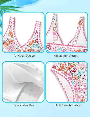 Image of KANGKANG Girls Swimsuit Bikini Set Solid Color V-Neck Two Piece Bathing Suit with Chest Pad Adjustable Straps Swimwear 7-16T