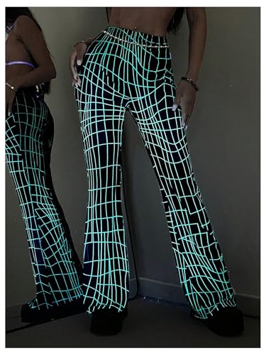 Milumia Women's Geometric Plaid Bell Bottoms Y2K Sheer Flare Leg Mesh Pants4