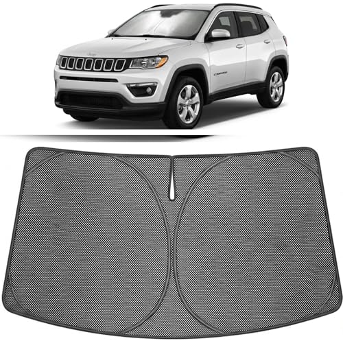 Image of Proadsy Windshield Sun Shade Custom Fit Jeep Compass 2017-2026 Ice Crystal Black Front Window Sunshade UV and Heat Blocker Foldable Visor Keeps Car Cooler for Summer Parking and Daily Use