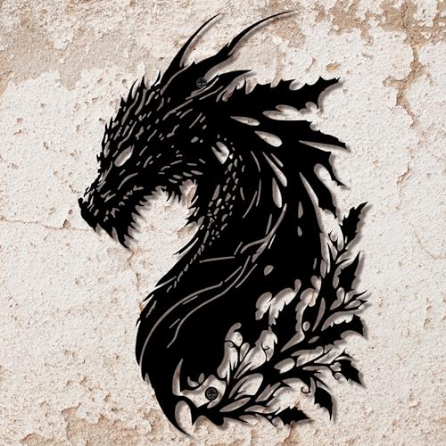 LIYAOLI 3D Dragon Wall Art Decor - Black Metal Dragon Head Sculpture for Men Cave, Western Room Decor - Unique Fantasy Gifts for Medieval Decorations, Bedroom & Living Room