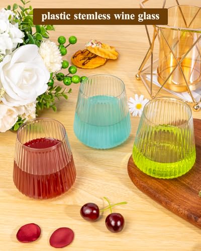 Image of Goodluck 120 Pack 12oz Stemless Clear Plastic Wine Glasses | Clear Ribbed Cups, Elegant Reusable Disposable Drinkware for Weddings, Parties, Bars, Indoor and Outdoor Events