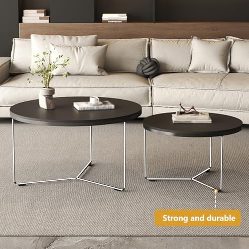 Set of 2 Round Nesting Coffee Tables - Marble Top & Metal Frame - Stacking Center Tables for Living Room & Bedroom - Gray Design for Small Spaces