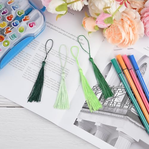 Image of 100 Pcs Bookmark Tassels Bulk Green Series Soft Craft Silky Handmade Mini Tassels for Jewelry Making with Loops for DIY Craft Accessory Dress Decoration