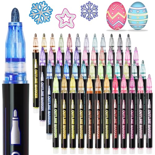 Glitter Markers Outline Pens Metallic: 48 Double Line Outline Markers,Self Outlining Glitter Pens Adult Coloring Gel Sparkle Outliner Shimmer,Teen Gifts Drawing Art Supplies Craft Cool Fun Magic Stuff