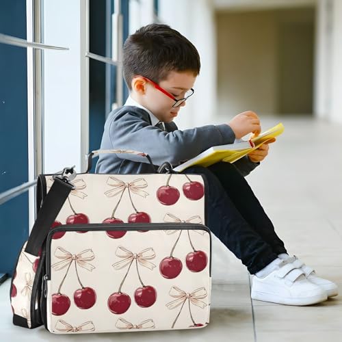 Image of Cherry Pink Bow Cherries Zipper Binder Bag 3 Ring Binder with Shoulder Strap Zip Up 500 Sheets Capacity Multi Pockets for School Office Supplies