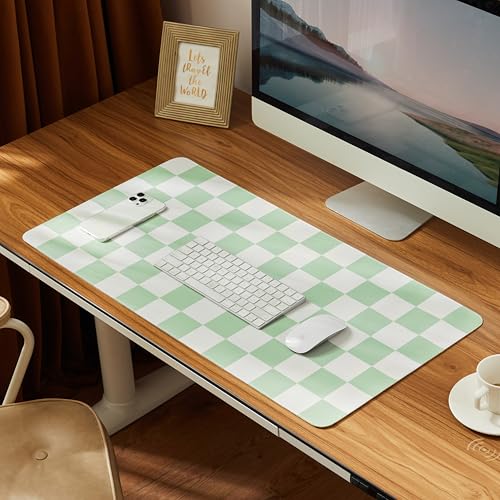 Ohocut Checkered Desk Mat, 31.5" x 15.7" Large Cute Sage Green Aesthetic Retro PU Leather Computer Laptop Desk Mat, Non-Slip Waterproof Mouse Keyboard Pad, Desk Writing Mat for Work/Home