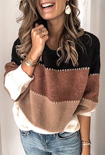 Angashion Women's Sweaters Casual Long Sleeve Crewneck Color Block Patchwork Pullover Knit Sweater Tops3