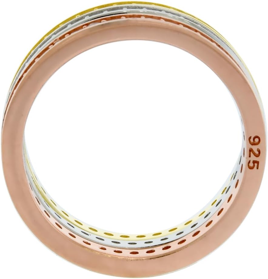 Tricolor Sterling Silver Channel Pave CZ 3-Stack Eternity Ring Set for Women 6mm wide size 6 10
