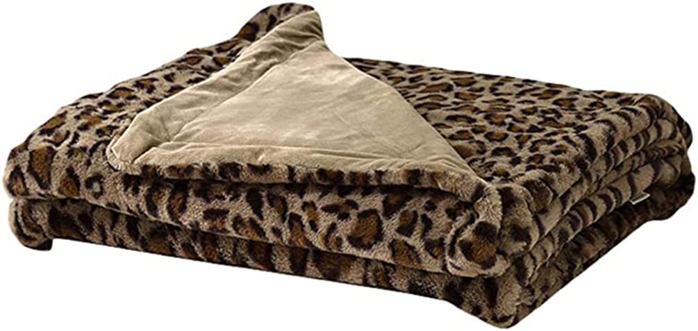 DianShaoA Faux Fur Bed Blanket In Leopard Print, Reversible Soft Fluffy Fleece Throw Blanket, Machine Washable Dark Khaki 130 * 160cm