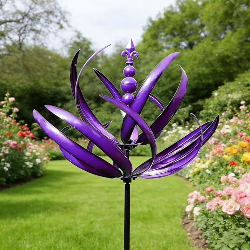Adjustable Petal Outdoor Wind Spinner Garden Yard Decor Kinetic Windmill DIY Bendable Blades Ground Stake Birthday Gifts for Lively Children Outdoor Yard Art with Spinning Design (Purple)