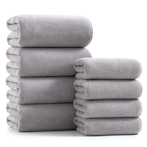 sakano Microfiber Bath Towel Set Ultra Soft Absorbent Speedy Drying Fade Resistant, 4 Bath Towels and 4 Hand Towels, Perfect for Family Bathroom, Gym, and Spa Use - Light Grey