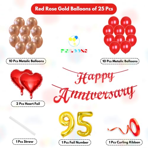 Image of Flyloons 95th Happy Anniversary Decoration Items Red Rose Gold for Men Women Husband Wife Mom Dad Parent Couple Home Bedroom Car With 20 Pcs Metallic Balloons Anniversary Banner 2 Pcs Heart Set Kit