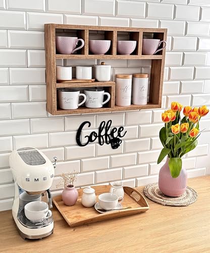Image of Hamdan Collection Wall Mounted Mug Shelf - Coffee Cup Storage - Kitchen Wall Rack - Floating Cup Organizer - Rustic Coffee Bar Shelf (5 Comp)
