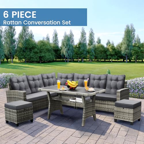 Image of KROFEM 6 Piece Patio Furniture Set, Dining and Conversation Set | UV Treated Wicker, Machine Washable Cushions, Seats 7, 2 Ottomans, 3 Sofa Section, Dining Table, Rustproof Frame, Grey