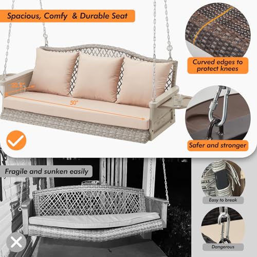 Zzw 8010- Upgraded Wicker Hanging Porch Swing Heavy Duty 900 Lbs 3-Seat Outdoor Patio Swing Chair Bench thumb #1
