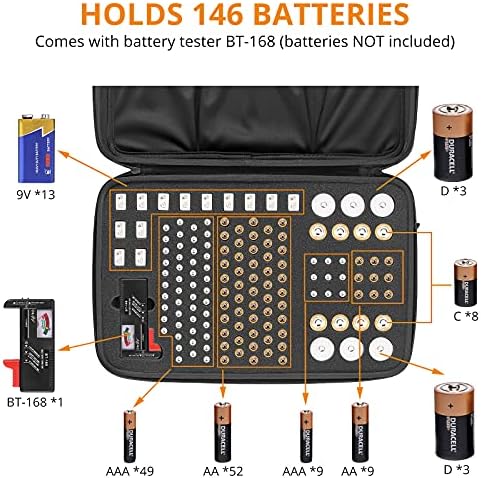 Neoteck Battery Organizer Storage Box Carrying Case with Digital Battery Tester Checker BT-168 Fits for 148+ Batteries C D 9V AA AAA Waterproof Organization Box Container (No Battery)