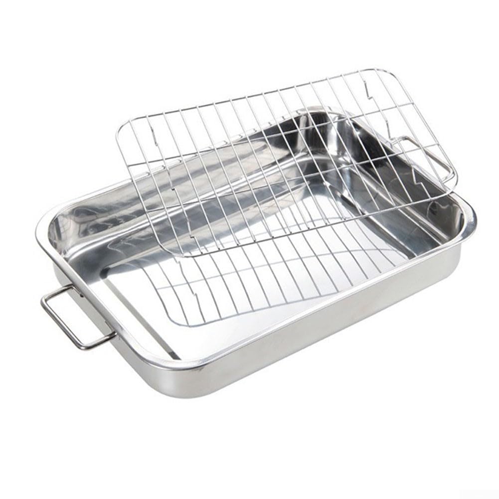 Juego de bandejas para asar, bandeja de horno de acero inoxidable con rejilla de alambre de acero, bandeja para hornear con estante para mayor comodidad (42 x 32 x 6,5 cm), 1178990180
