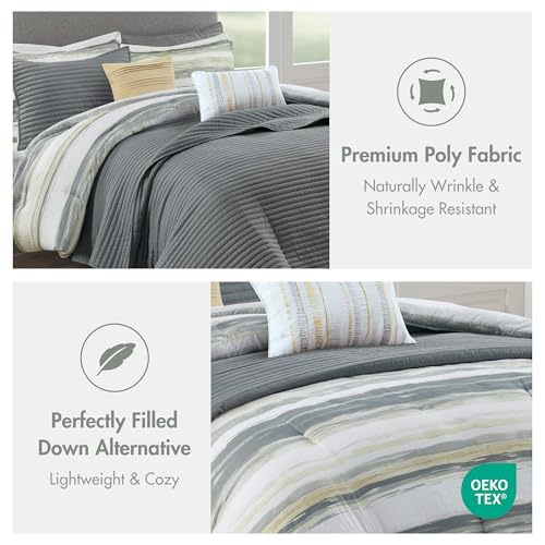 Image of Madison Park Marina Comforter Quilt Combo Set - Modern Luxury Design, All Season Down Alternative Bedding, Matching Shams, Decorative Pillows, Full /Queen(90 inchx90 inch), Yellow 8 Piece