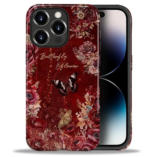ANLUN STORE Case for iPhone 14 Pro,Hybrid Dual Protection Soft TPU + Hard PC Shockproof Cover, Anti-Scratch & Slim Protective for Men Women Case Artistic Retro Floral Butterfly Design