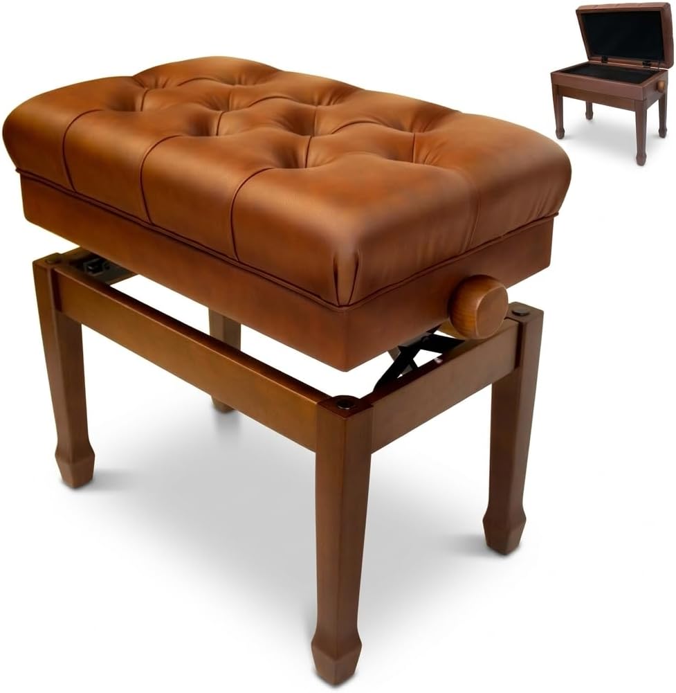 Adjustable Brown Piano Bench with Storage Imports Genuine Leather Walnut Piano Stool with Padded Cushion
