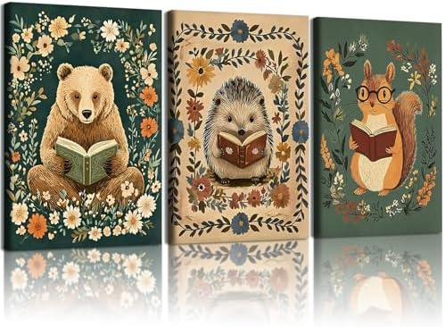 3pcs Animal Reading Canvas Wall Art Cute Woodland Animals Wall De...